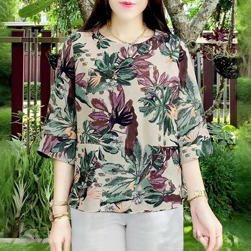 

ZANZEA Женская повседневная блузка с круглым вырезом и рукавом 3/4 с принтом XL абрикосовый