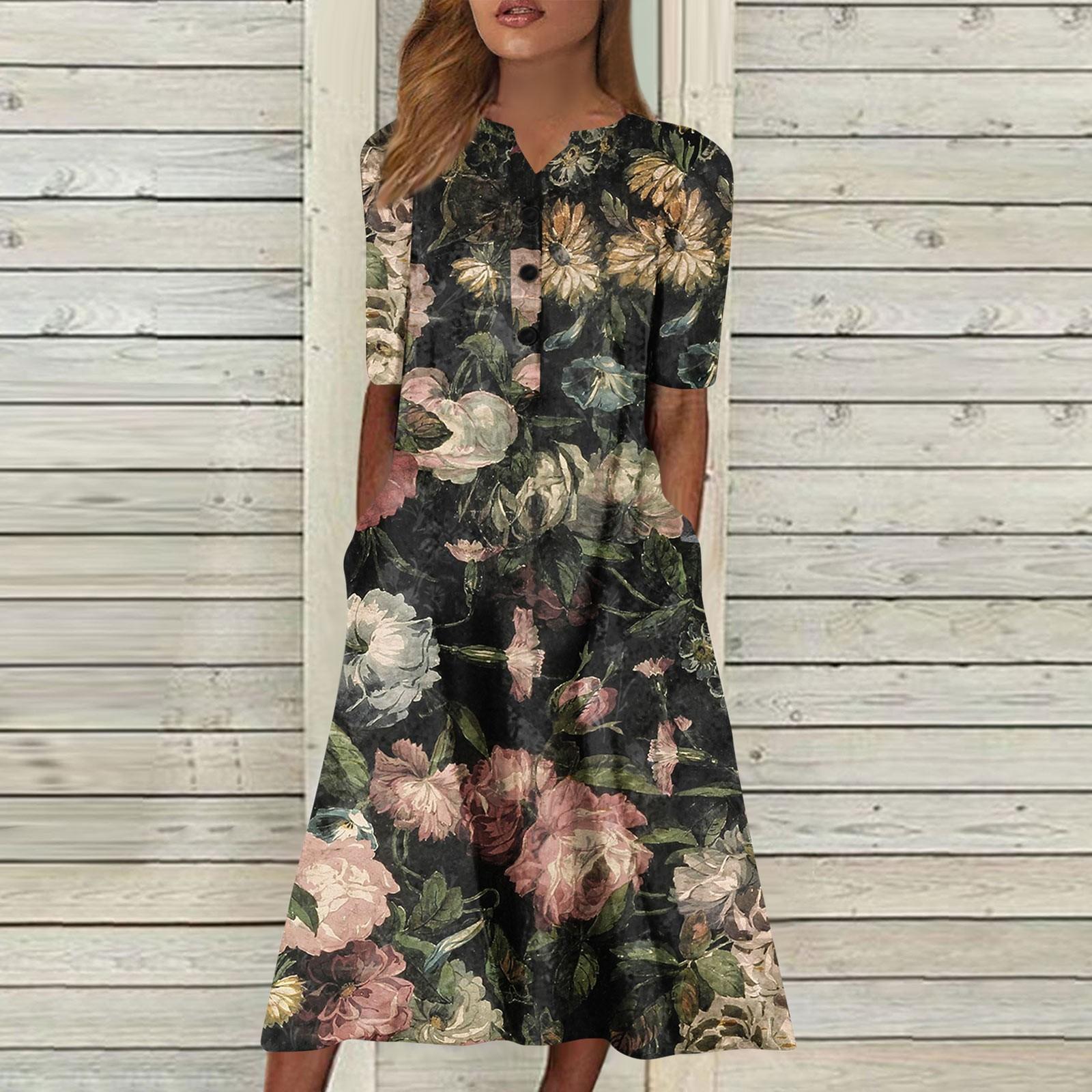 

Женское платье с v-образным вырезом и короткими рукавами, повседневное платье с принтом и карманами L чёрный