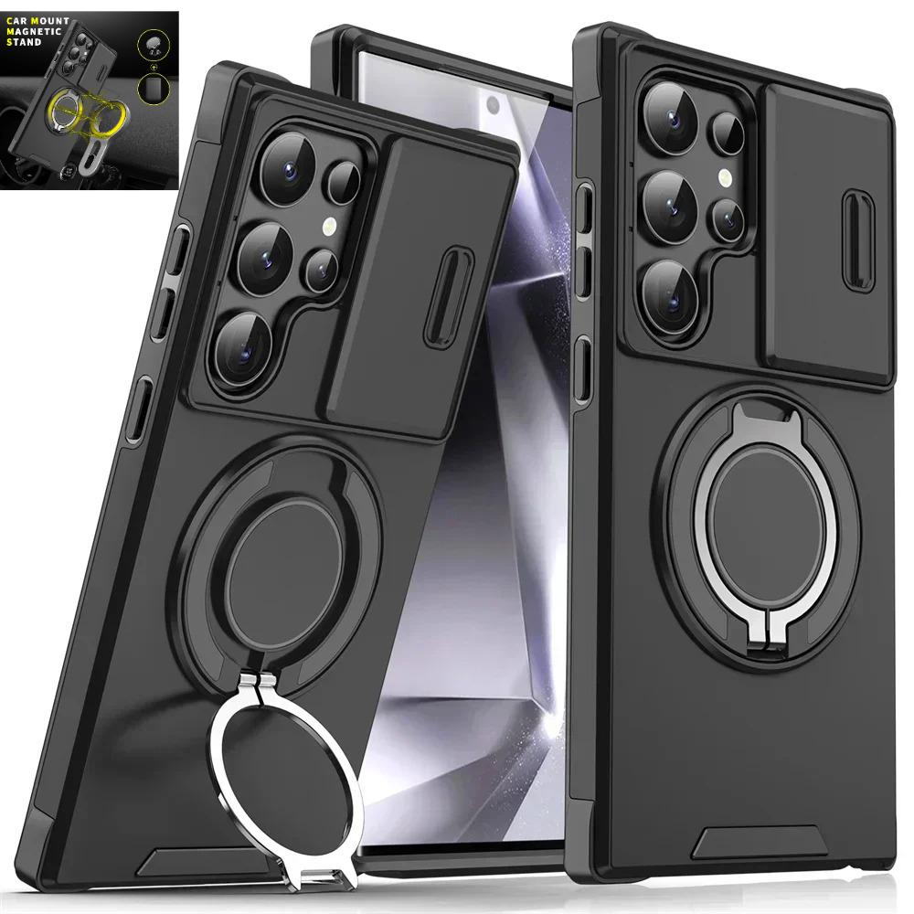 Armor Magnetic Bracket Case for Samsung S26 S25 Edge S23 S21 S22 S24 Ultra Plus S25FE S24FE Lens Protection Shockproof Cover