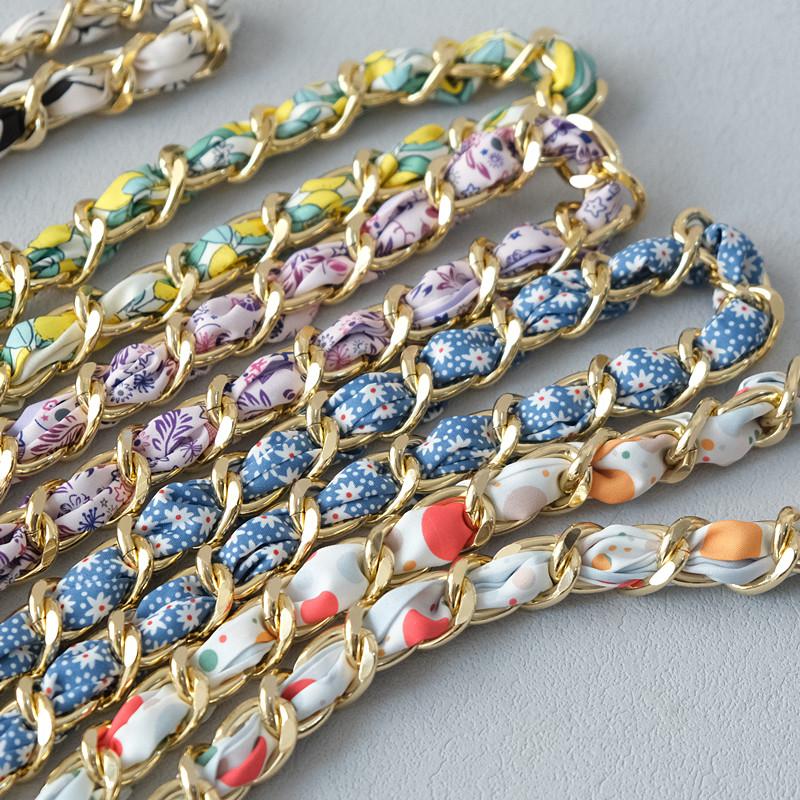 New Fashion Brand Woman Handbag Accessory Chains Detachable Floral Print Gold Silver Metal Silk Shoulder Strap Women DIY Chain Bag Handles