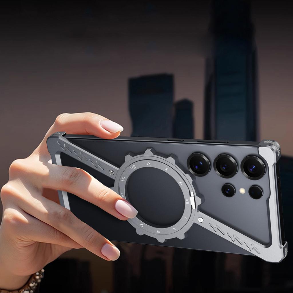 For Samsung Galaxy S25 Ultra Bumper Case Compatible with MagSafe Ring Kickstand Luminous Metal Frameless Phone Cover