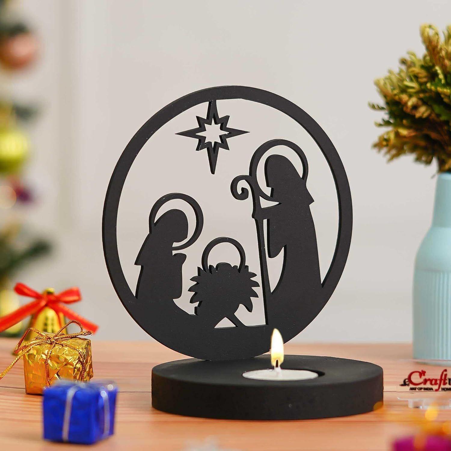 

Nativity Scene Holy Family Jesus Birth Decorative Tea Light Candle Holder (Wooden Black) Christmas Decoration Items for Home Office