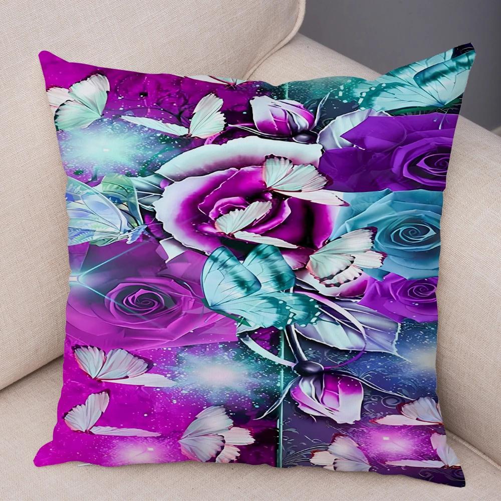 Tecknad Blomma Fjäril Djur Kuddfodral Dekor Blomma Kuddfodral för Soffa Hem Bil Fantasi Skog Mjuk Plysch Kuddfodral