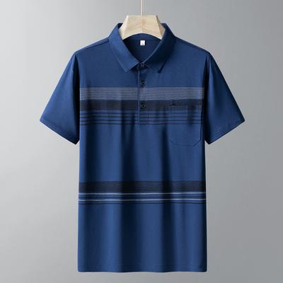 Men's Blue Striped Short Sleeve Polo Shirt with Pocket