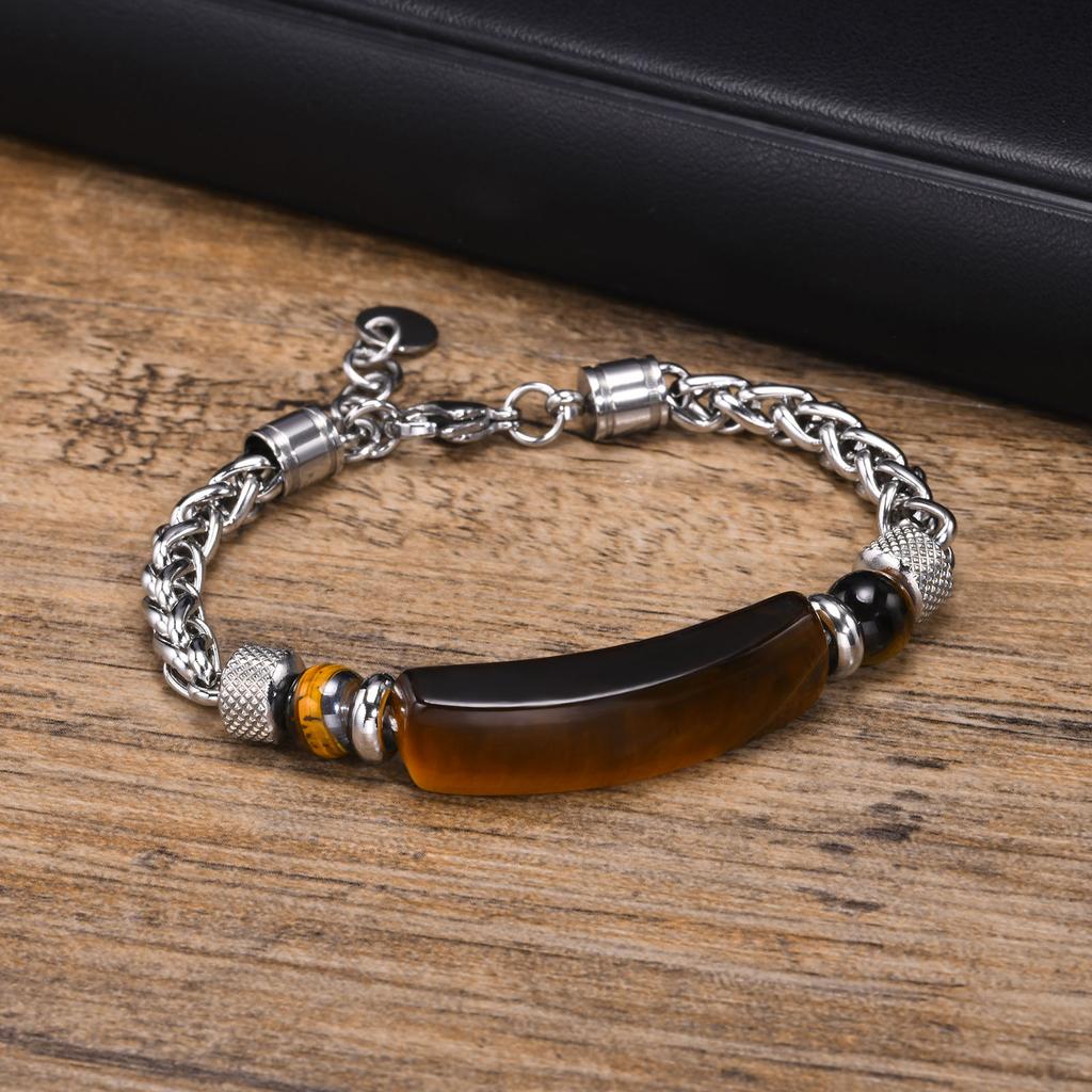 Natural Stone Bracelets for Men, Anti Allergy Stainless Steel Wheat Chain Wristband Gifts for Father Dad Birthday Christmas