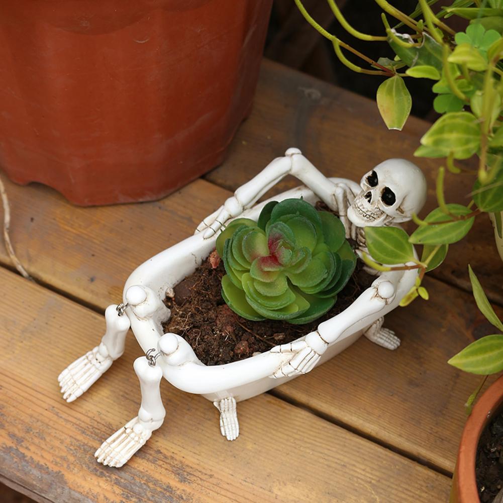 Bathtub Skeleton Ornament Halloween Skeleton Decor Skeleton Flower Pot Resin Planter for Succulents Halloween Decor Desktop