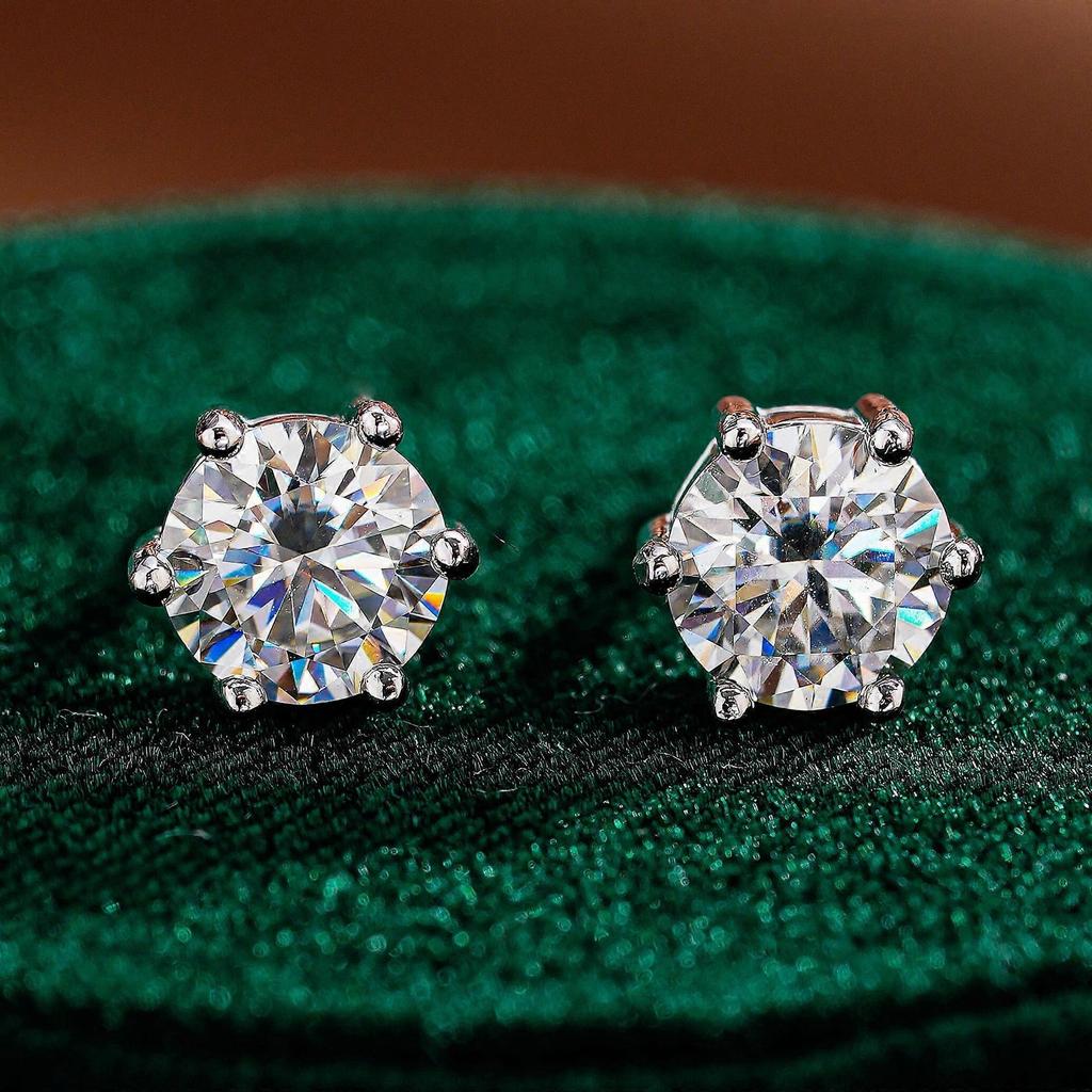 S925 Sterling Silver Six-Prong Round Stud Earrings with 0.5/1ct D Color Moissanite – Hypoallergenic, Unisex, Compatible with Gift Giving