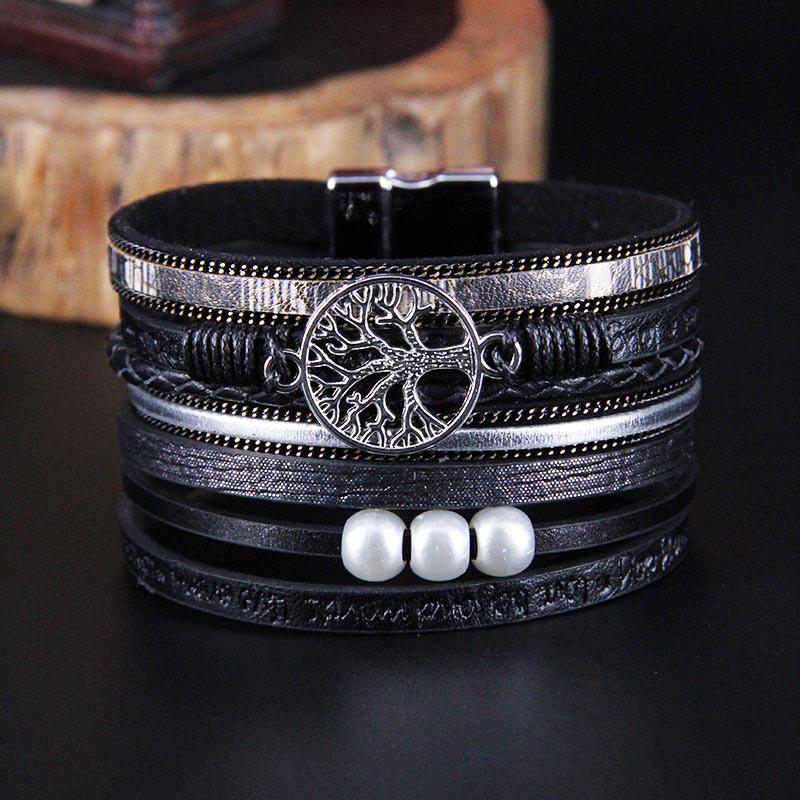 Women's Classic Woven Leather Bracelet with Tree of Life Pendant and Pearls