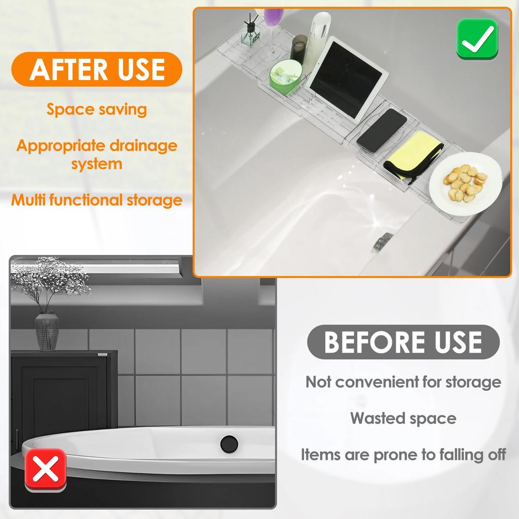 Clear Bathtub Tray Expandable Bath Shelf Over Tub Bathtub Storage Table Multifunctional Bathroom Accessories for Home Bathroom