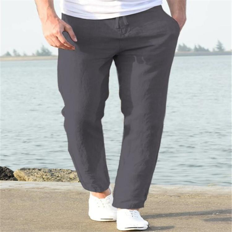 Men's linen summer casual pants drawstring elastic waist solid color breathable daily pencil small feet trousers