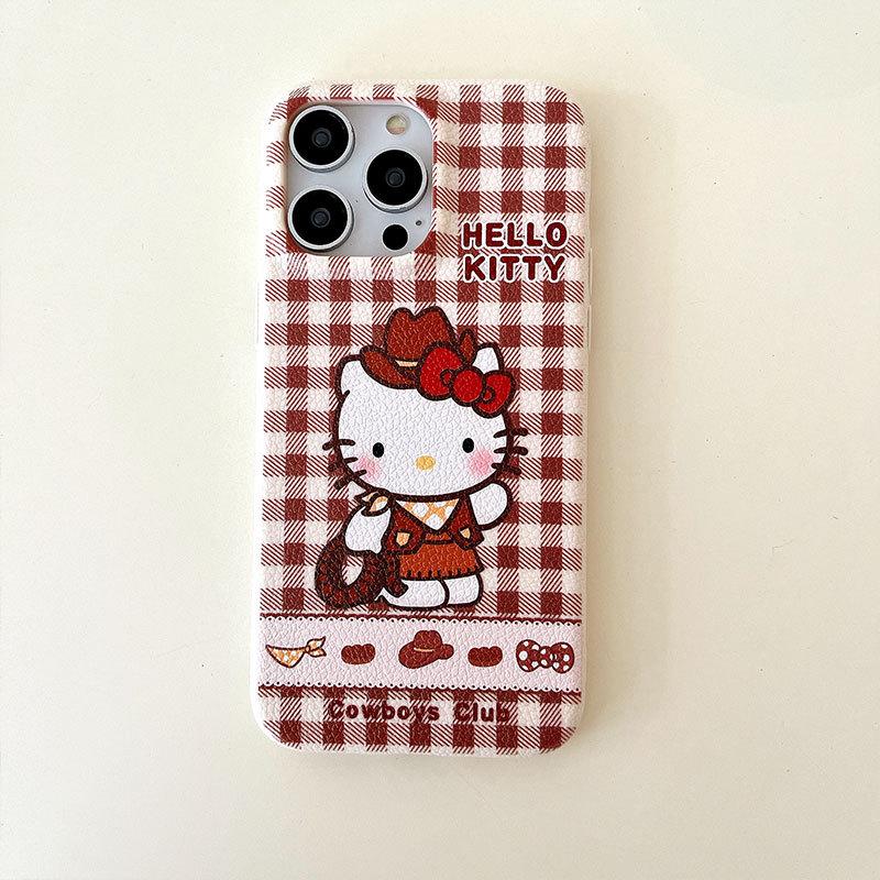 

New Checked Denim Kt Cat Suitable for Iphone16promax Leather Pattern Apple 15 Protective Cover 14 Apple 17PROMAX
