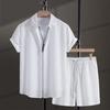 Mens Casual Waffle Shirt Suit Two Piece Solid Short Sleeved Shirt and Shorts Suit Harajuku Casual T-Shirt and Shorts Set