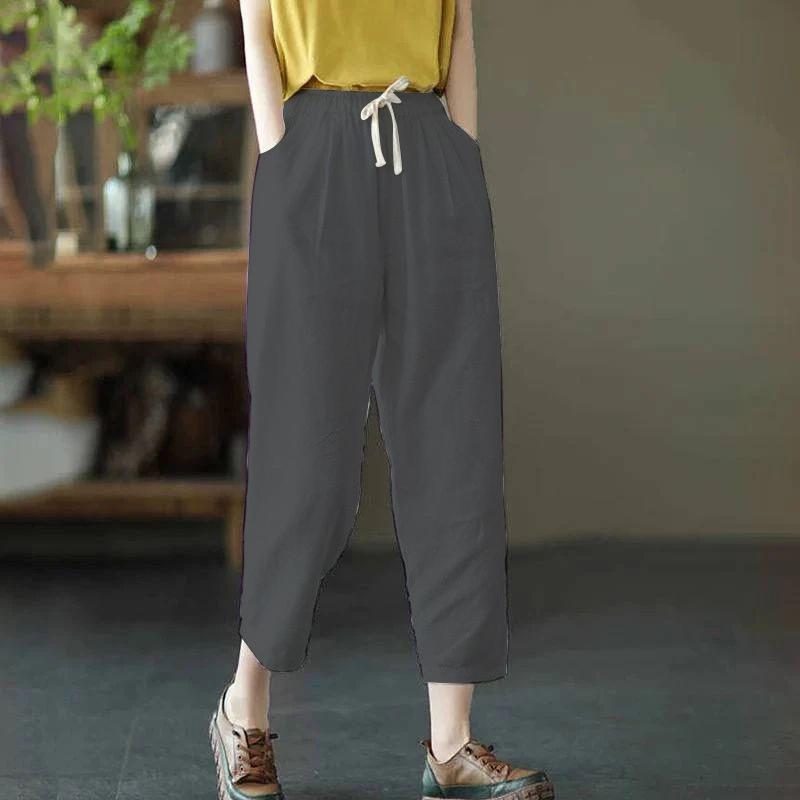 Literary Solid Color Casual Pants for Women Elastic Waist Slimming Casual Cropped Pants for Women Versatile Feet Drawstring Harem Pants for Women