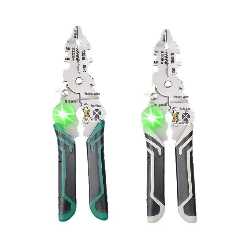 Multi-Functional Electrician's Tool: Wire Stripper, Crimper, Splitter, Winder, Cutter, and Voltage Tester.
