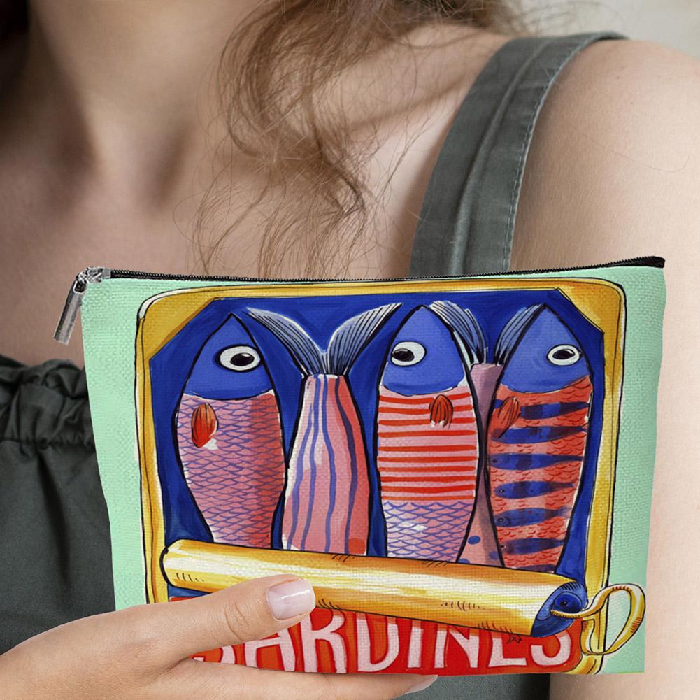 Cartoon Sardine Printed Makeup Bag Women Zipper Cosmetic Organizer Cloth Handbag Box Shape Portable Toiletry Case For Girls
