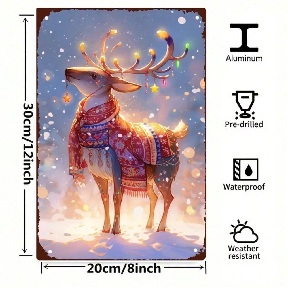 Retro Metal Reindeer Sign 2D Flat Christmas Wall Art Rustproof Tin Painting for Home Bar Indoor Outdoor Decor