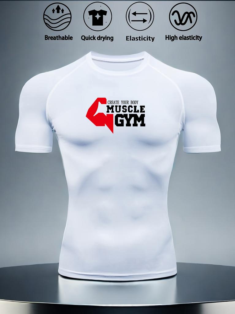 Mens White Compression Short Sleeve T-Shirt Red 4 Muscle Gym Graphic Quick Dry High Elasticity Breathable Workout And Athletic Top