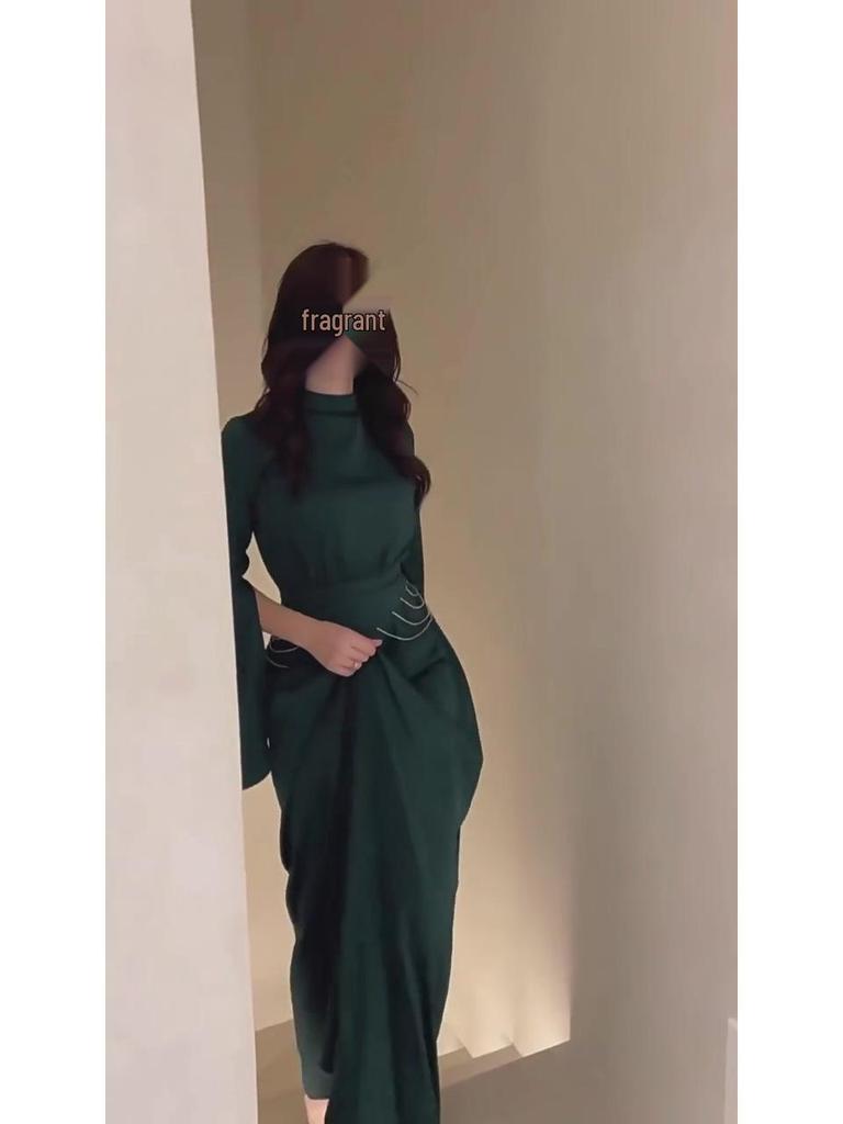 2024 Spring Semi-high Neck Satin Dress: European-American Court Style, Waist-Slimming, Long-Sleeved