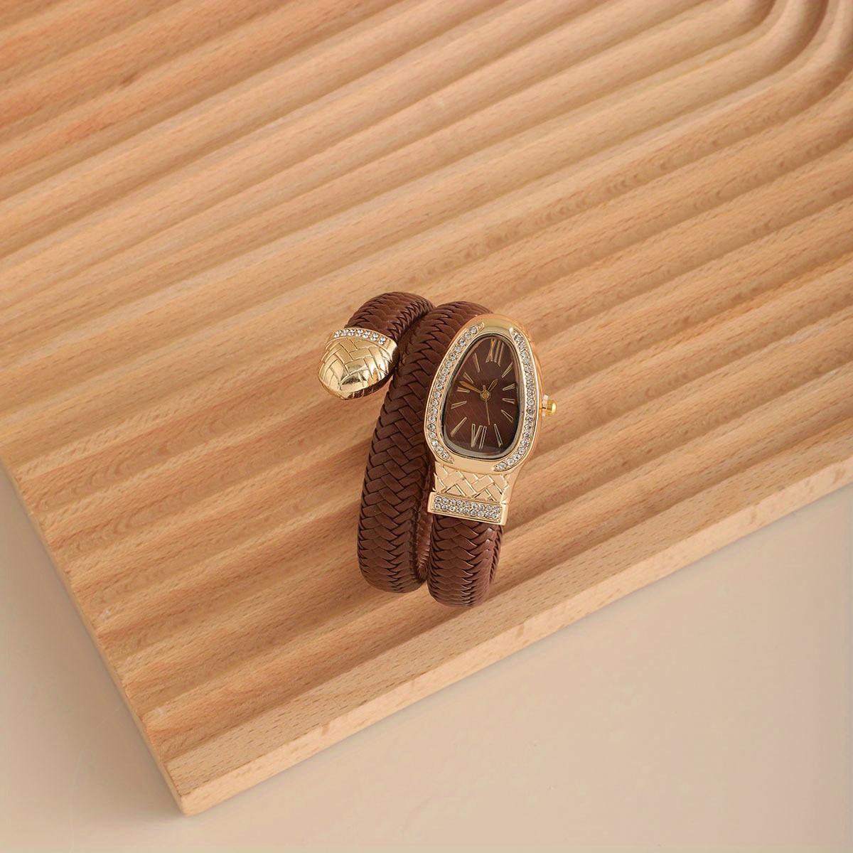 Модные женские кварцевые часы в форме змеи, плетеные, роскошные, со стразами, римский циферблат, наручные часы для девушек, часы Reloj Mujer коричневый
