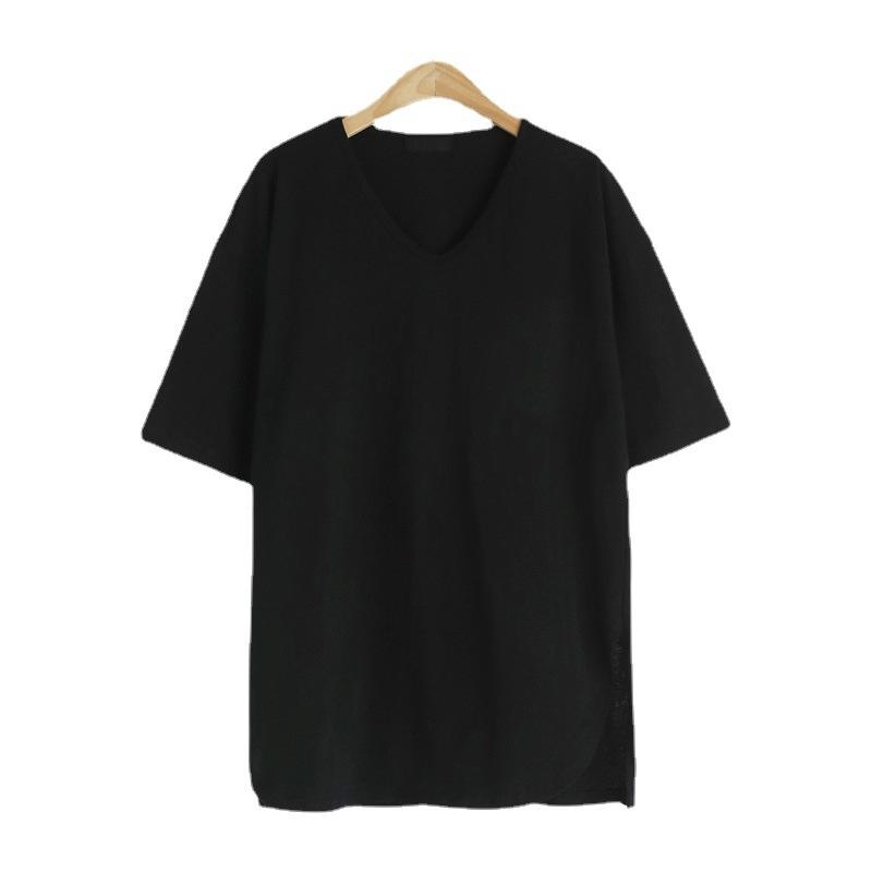 Frühling Neues Produkt Sommer Baumwolle Kurzarm T-Shirt V-Ausschnitt Seitenschlitz Einfarbig Unterhemd