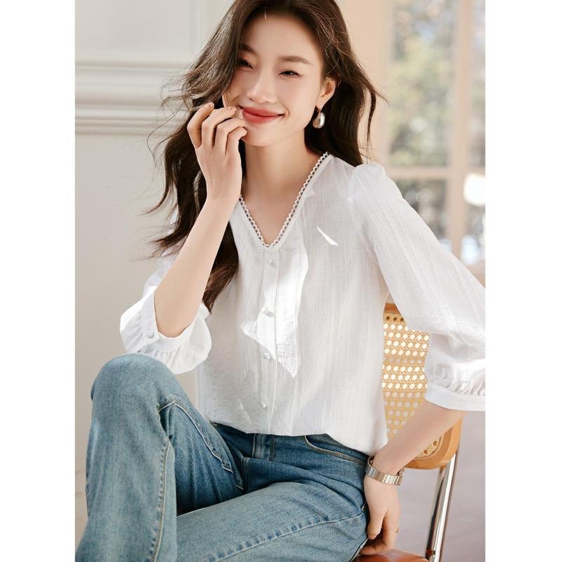 Cotton Jacquard Seven-quarter-sleeved Women's Shirt Spring New Casual Simple Versatile Fashion Shirt