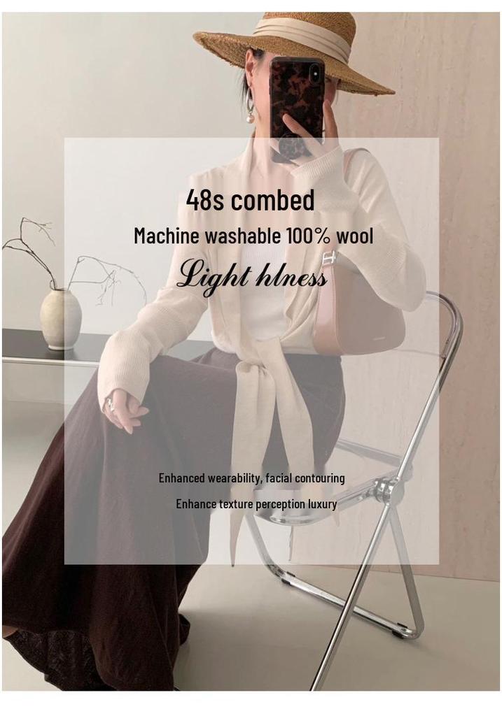 Women's Premium 100% Wool Knit Draped Cardigan - Simple, Versatile, High-Waisted, Short, Tie-Up, Lightweight Outerwear