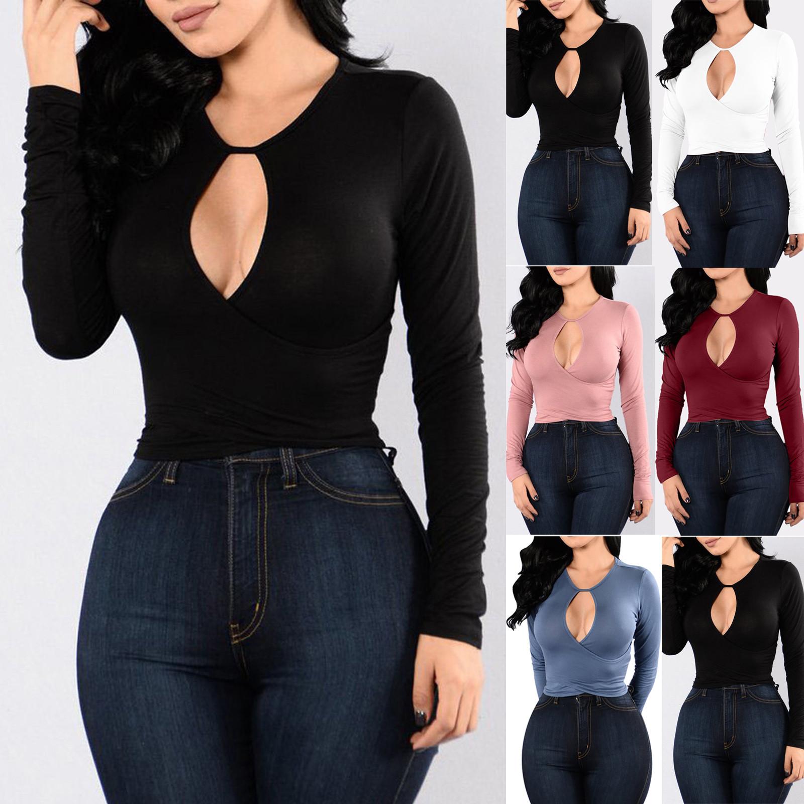 

Fashion Women Solid Long Sleeve Chest Hollow Out Overlap Slim Casual Top