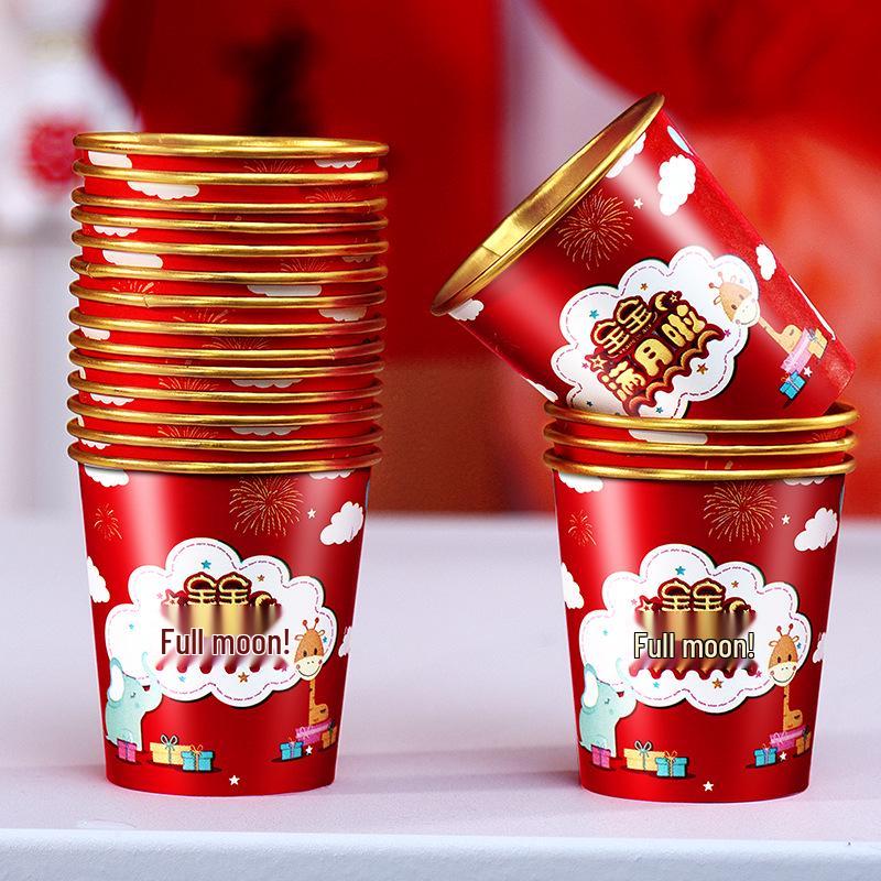 Red Disposable Paper Cups for Baby's Hundred-Day and First Birthday Celebrations with Gold Foil Design