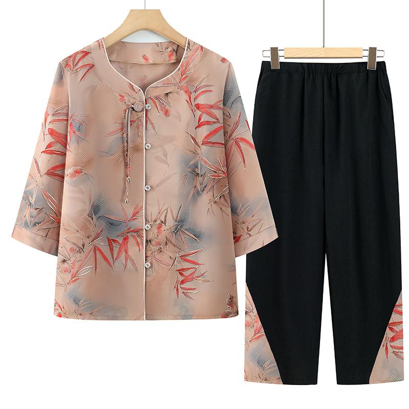 Summer Clothing for The Elderly Short-sleeved Fashionable Ladies' Traditional Chinese Style Suit Two-piece Suit