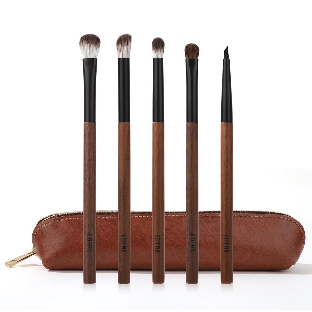 EDTRE Nylon High Quality Animal Hair Walnut Wood Makeup Brush Eyeshadow Brush Eye Makeup Brush Set of 5 with Makeup Pouch Portable Gift Brush