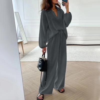2 Pcs/Set Women Top Pants Suit Long Sleeves V Neck Long Sleeve Slouchy