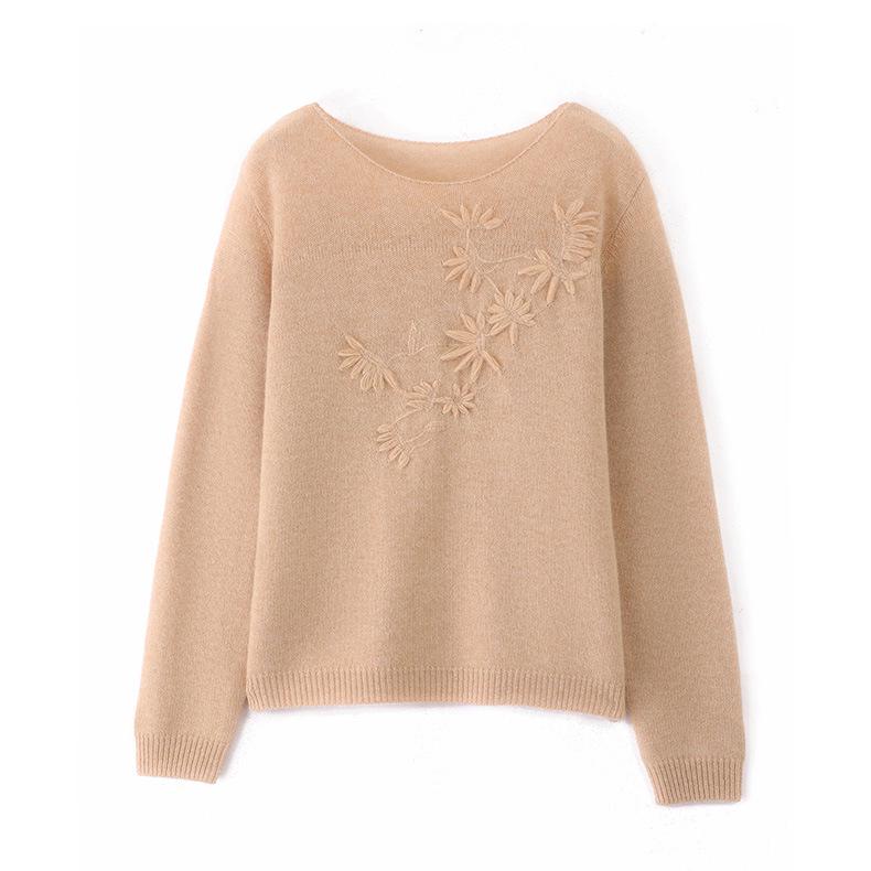 2026 Autumn/Winter Pure Wool Hand-Embroidered Women's Loose Sweater with Round Neck and Long Sleeves