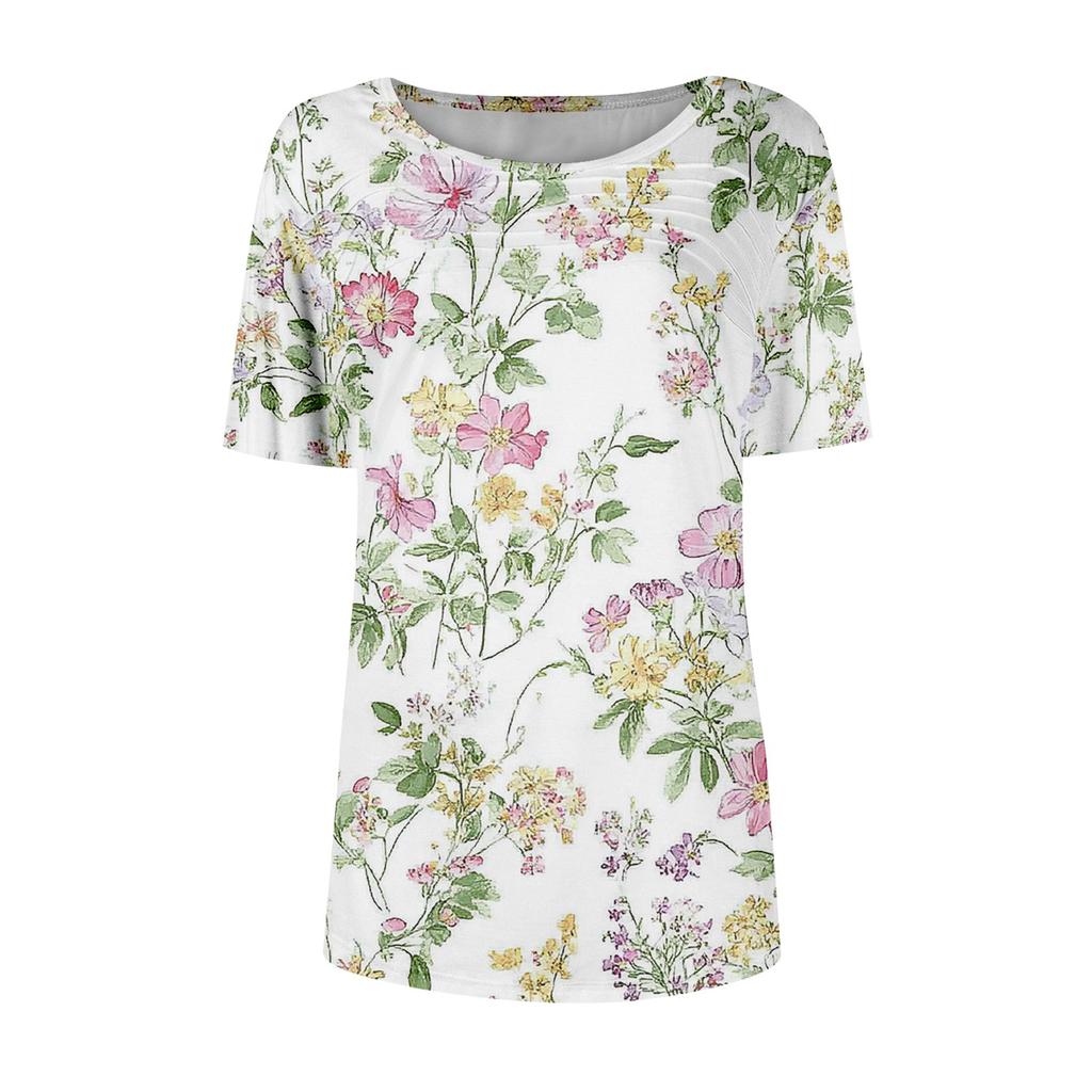 Women's Pleated Round Neck Botanical Print Short Sleeve T-Shirt Top