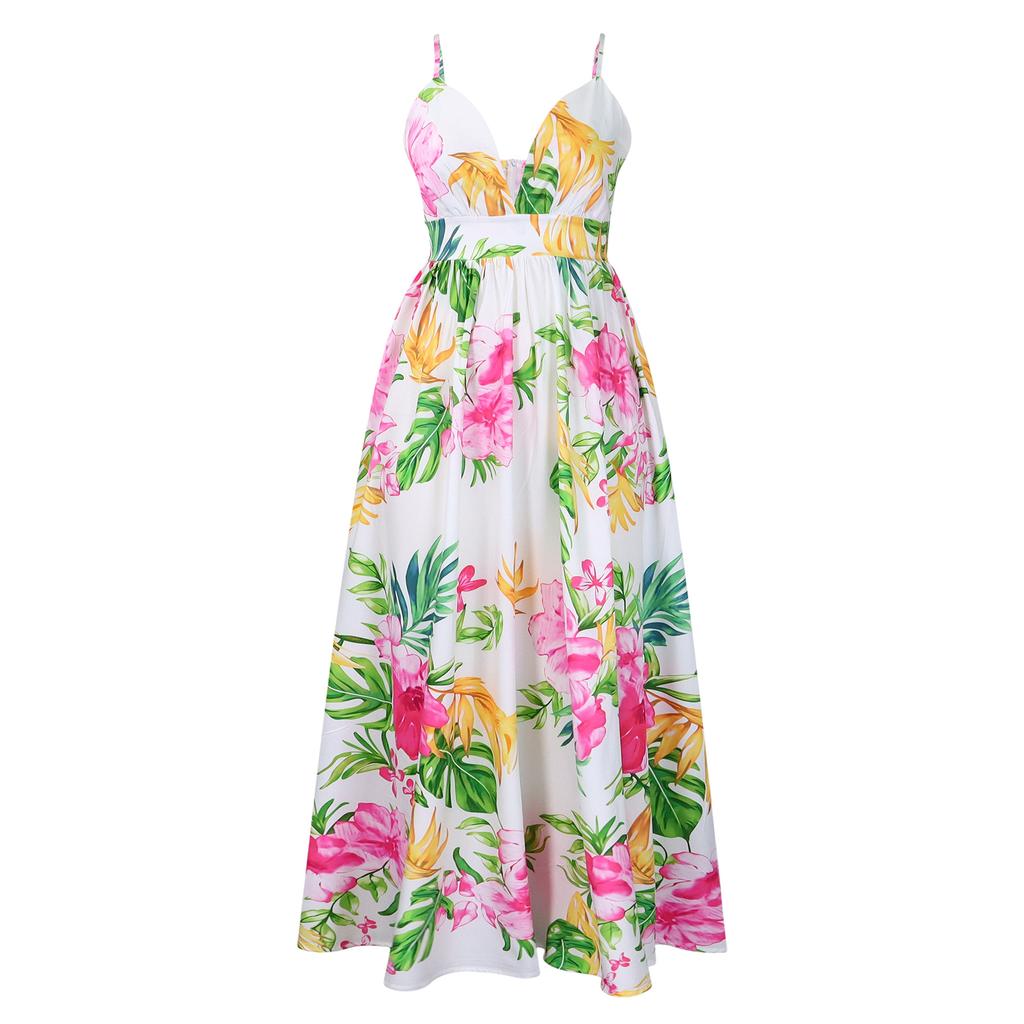 Spring and Summer Fashion Temperament V-neck Suspender Printed Beach Long Skirt Sexy Fashion Casual Women's Dress