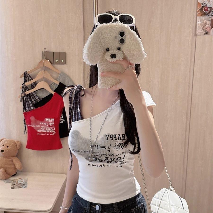 American Plaid Splicing Straps Slanted Shoulder Short-sleeved T-shirt Women's Summer New Thin Slim Versatile Spice Girl Top Trendy