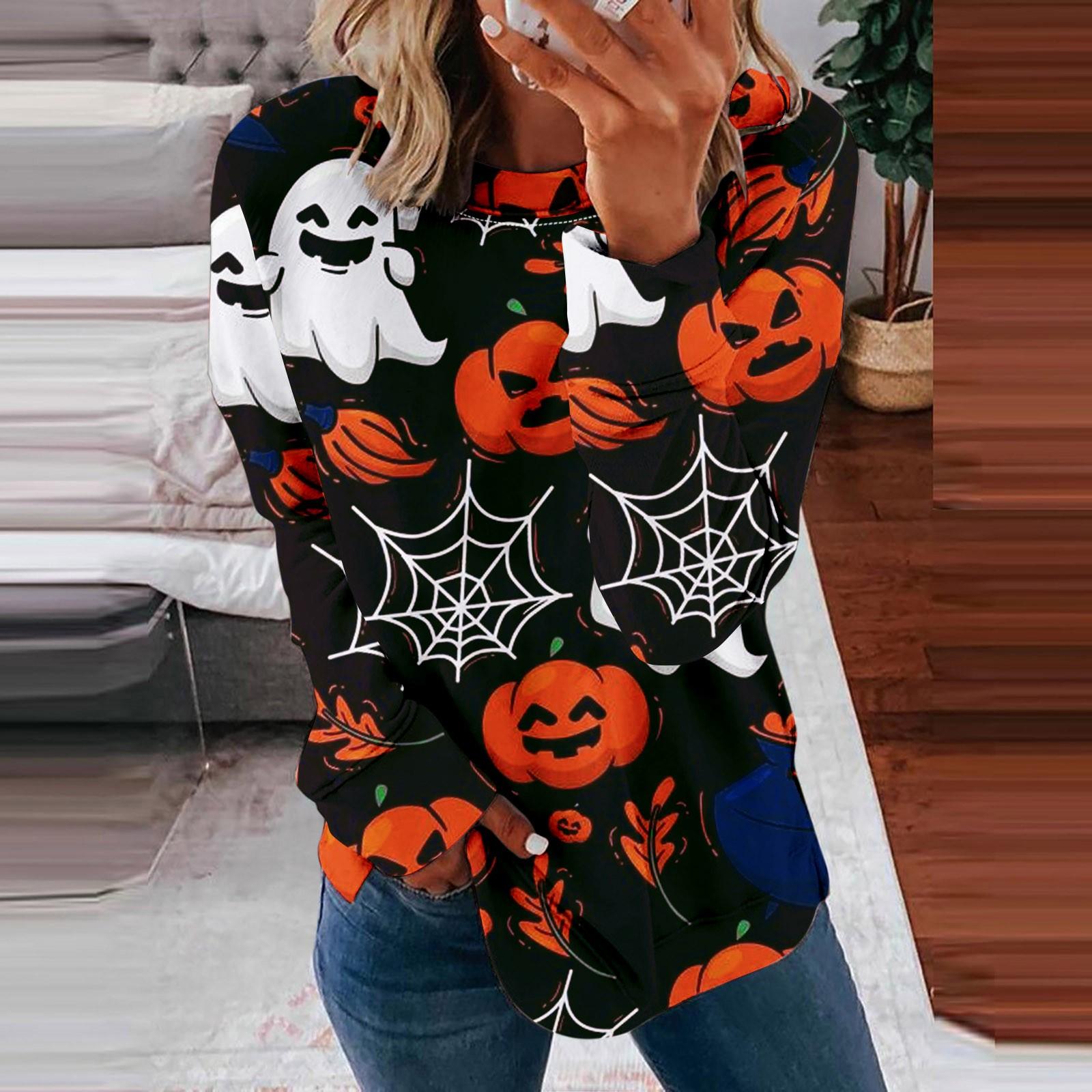 

Жіночий повсякденний модний пуловер з принтом на Хелловін з довгим рукавом і круглим вирізом 2022 L чорний