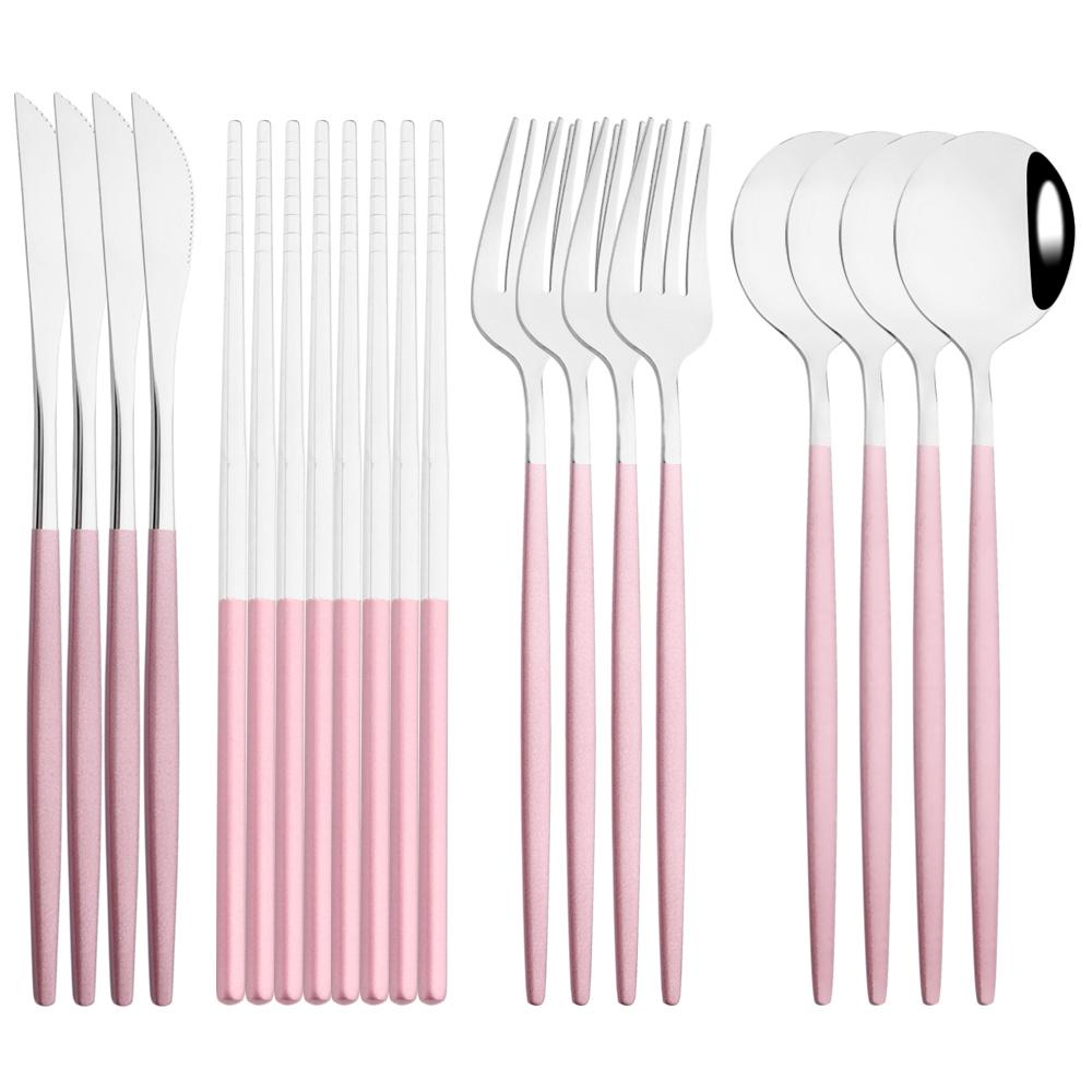 12-16Pcs Chopsticks Knife Fork Spoon Cutlery Set Green Gold Dinnerware Set Luxury Stainless Steel Flatware Korean Tableware Set