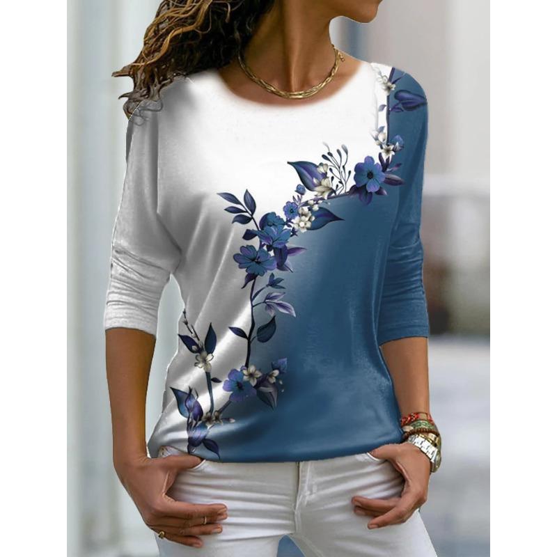 Autumn versatile long sleeved women's T-shirt with floral pattern printed regular retro casual O-Neck Bohemian multi-color top