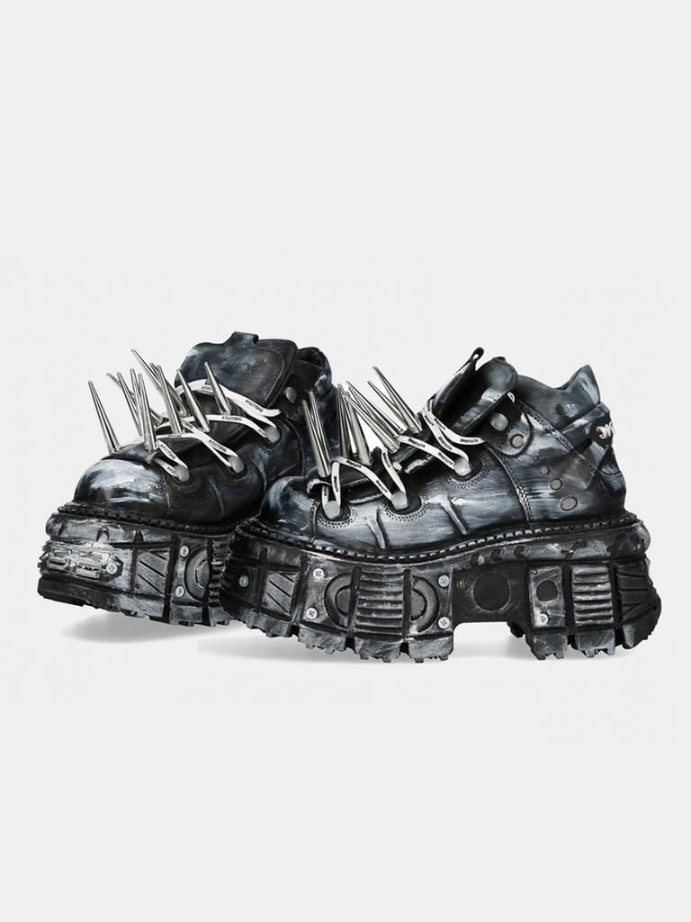 Mode Frühling und Herbst Gothic Dunkel Schwarz Plateau Dicke Sohle Punk Metall Höhenvergrößernde Lederschuhe Nieten Damenstiefel Pumps