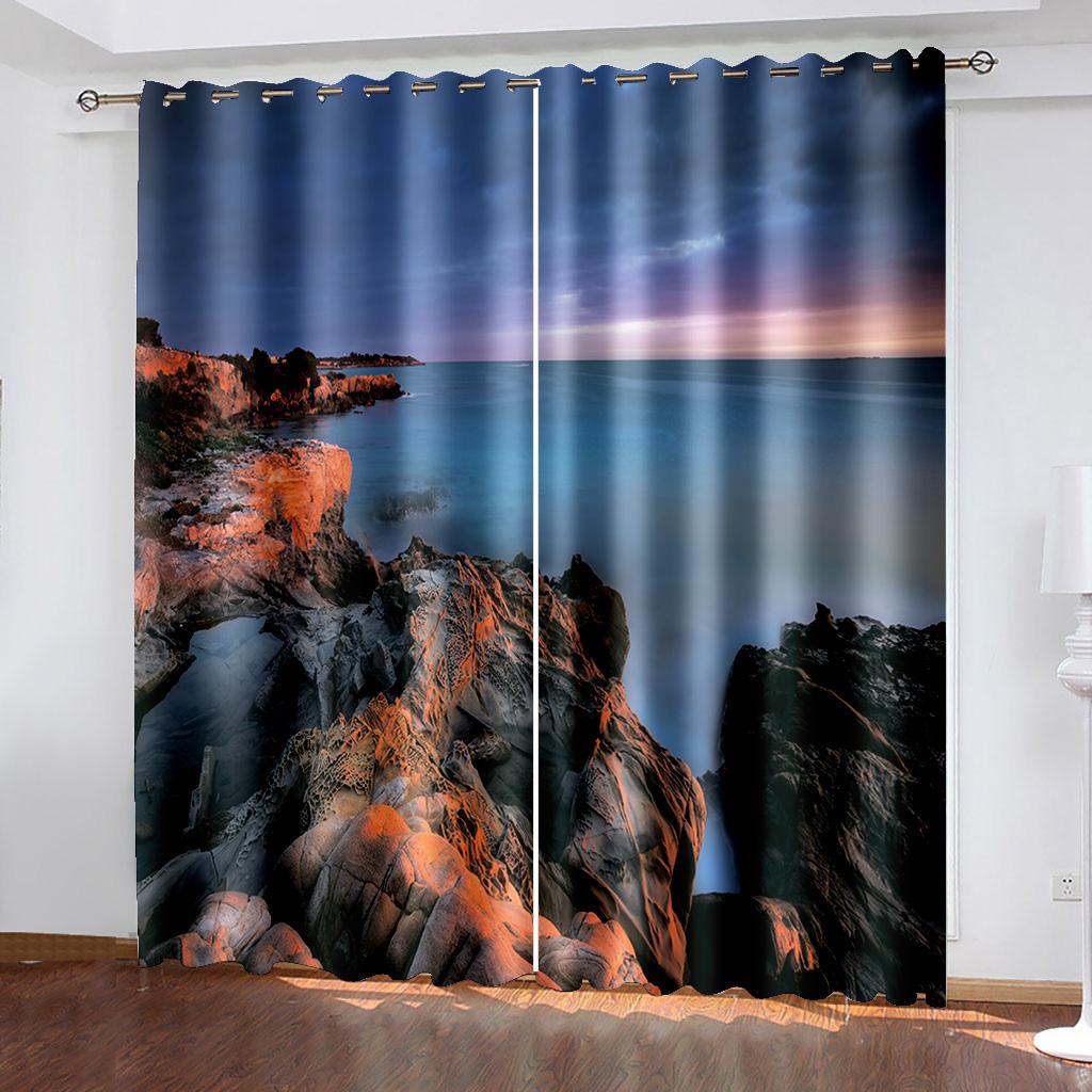 Evening Sea Island Iceberg City Landscape Curtain, Home Bedroom Living Room Shade Curtain, a Set of Two Pieces