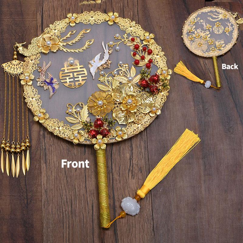 Vintage Chinese Wedding Dress Hanfu Decorative Fans Bridal Round Hand Fans Dragon Phoenix Handmade Gold Red Photography Fan Prop
