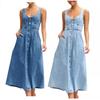 Summer Fashion Women's Solid Color Denim Strappy Maxi Dress - Sleeveless with Multi-Button Pockets