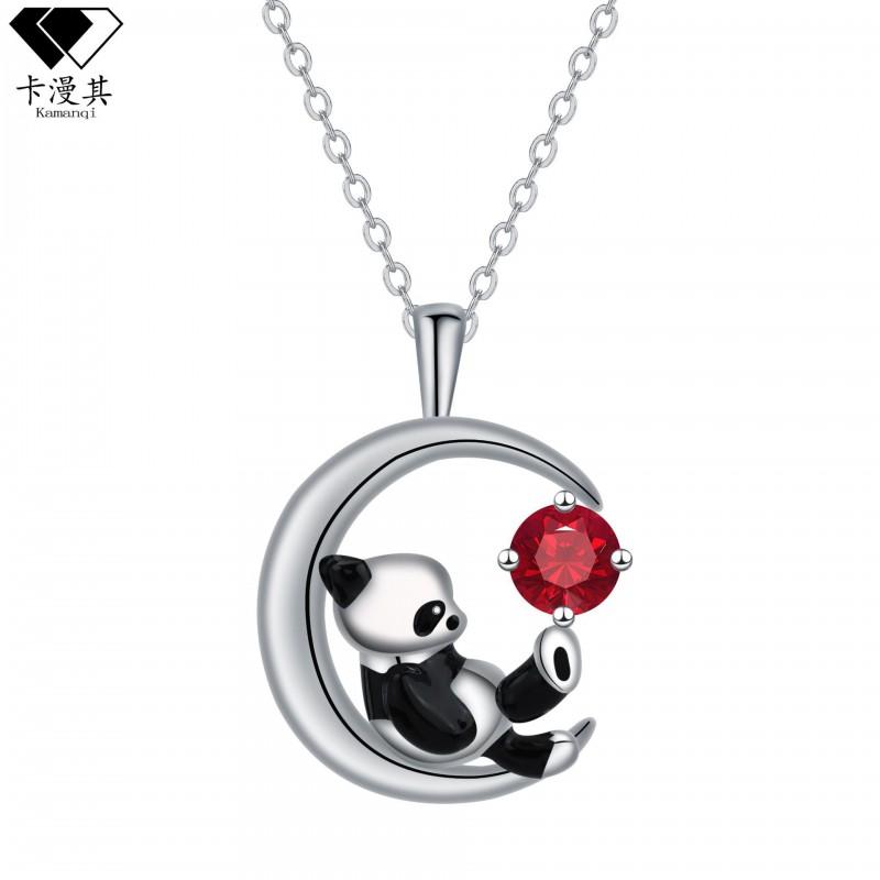 Cute Panda Moon Star Pendant Necklace Women Plated Copper Chain Delicate Fashion Animal Jewelry Silver
