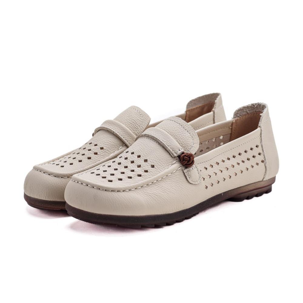 Genuine Cowhide Mom Shoes, Versatile Hollow Cutout Flat Casual Leather Shoes, Summer Soft‑Sole Breathable Slip‑on Shoes SA‑998‑1