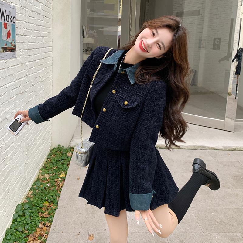 Women's Autumn Denim Patchwork Set: Black Jacket & Midi Skirt Two-Piece Set