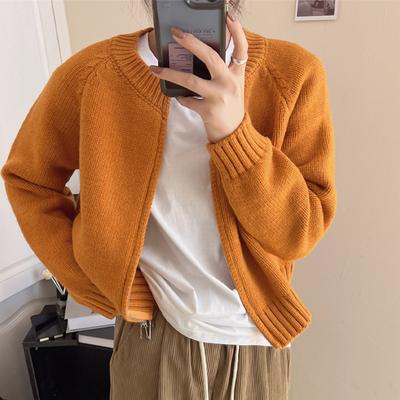 Women's Round Neck Zipper Knitted Sweater Cardigan Short Coat