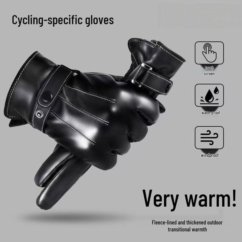 Men's Winter Leather Touchscreen Cycling Gloves - Thick, Windproof, and Warm