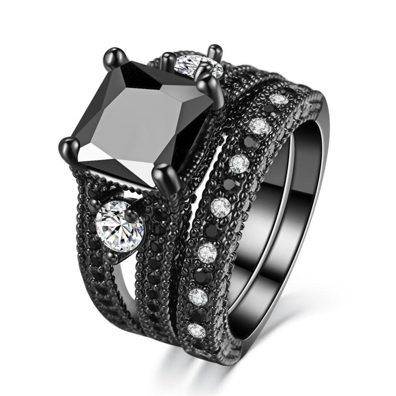 

2pcs/set Fashion Female Black zircon Stone Ring Black Gold Color Women Rings Gorgeous Wedding Bands For Women Engagement Jewelry 6