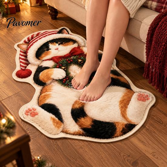 Kitchen Sink Rug Christmas Cat Shaped Rug, Plush Sleeping Absorbent Bathroom Mat, Xmas Lovers Gift Hat Kitty Non-slip Washable Area for Bedroom,