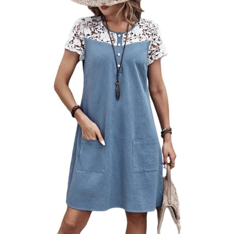 Spring and Summer Women's Casual Loose Color-blocking Lace Patchwork Pocket Dress